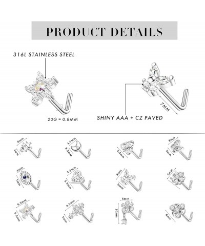 12Pcs 20G Nose Ring Stud L Shape Screw Nose Studs Butterfly Heart Cross Eyil Eye Moon Nose Rings Nose Bone Piercing Nose Stud...