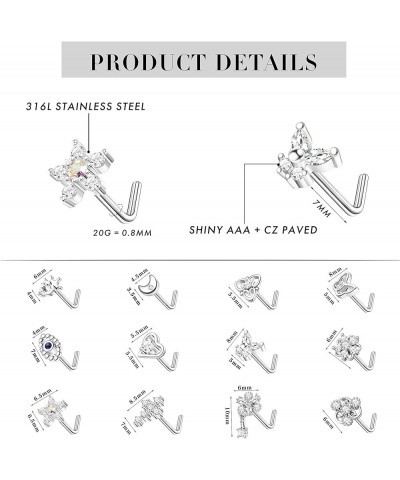 12Pcs 20G Nose Ring Stud L Shape Screw Nose Studs Butterfly Heart Cross Eyil Eye Moon Nose Rings Nose Bone Piercing Nose Stud...