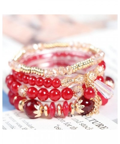 Red Bracelet Set Bohemian Bracelet for Women Charm Bracelet Set Stackable Stretch Red Beaded Bracelet Multilayer Colorful Bea...