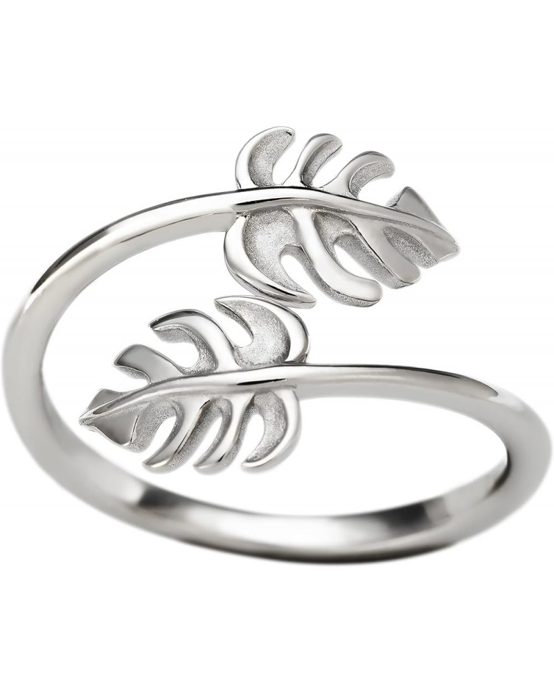 925 Sterling Silver Two Monstera Leaf Adjustable Easy Resize Wrap Around Bypass Ring Eternity Band, Nickel Free Hypoallergeni...