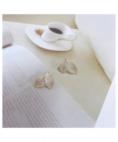 Minimalist Leaf Cubic Zirconia Statement Stud Earrings for Women Girls Dainty 925 Sterling Silver Post 14K Gold Plated Crysta...