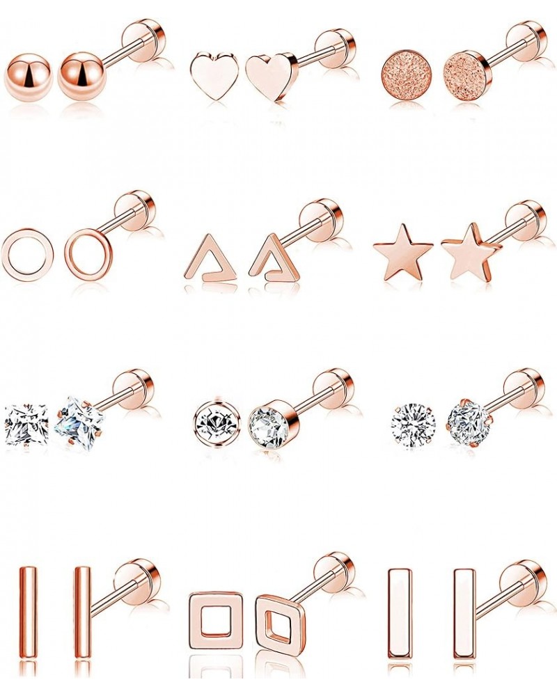 12 Pairs Stainless Steel Earrings Stud Geometric Earrings Set Star Moon Cross Ball Triangle Heart Clear CZ Stud for Womens Si...