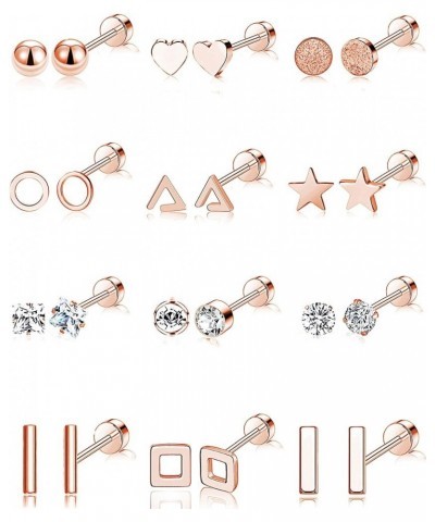 12 Pairs Stainless Steel Earrings Stud Geometric Earrings Set Star Moon Cross Ball Triangle Heart Clear CZ Stud for Womens Si...