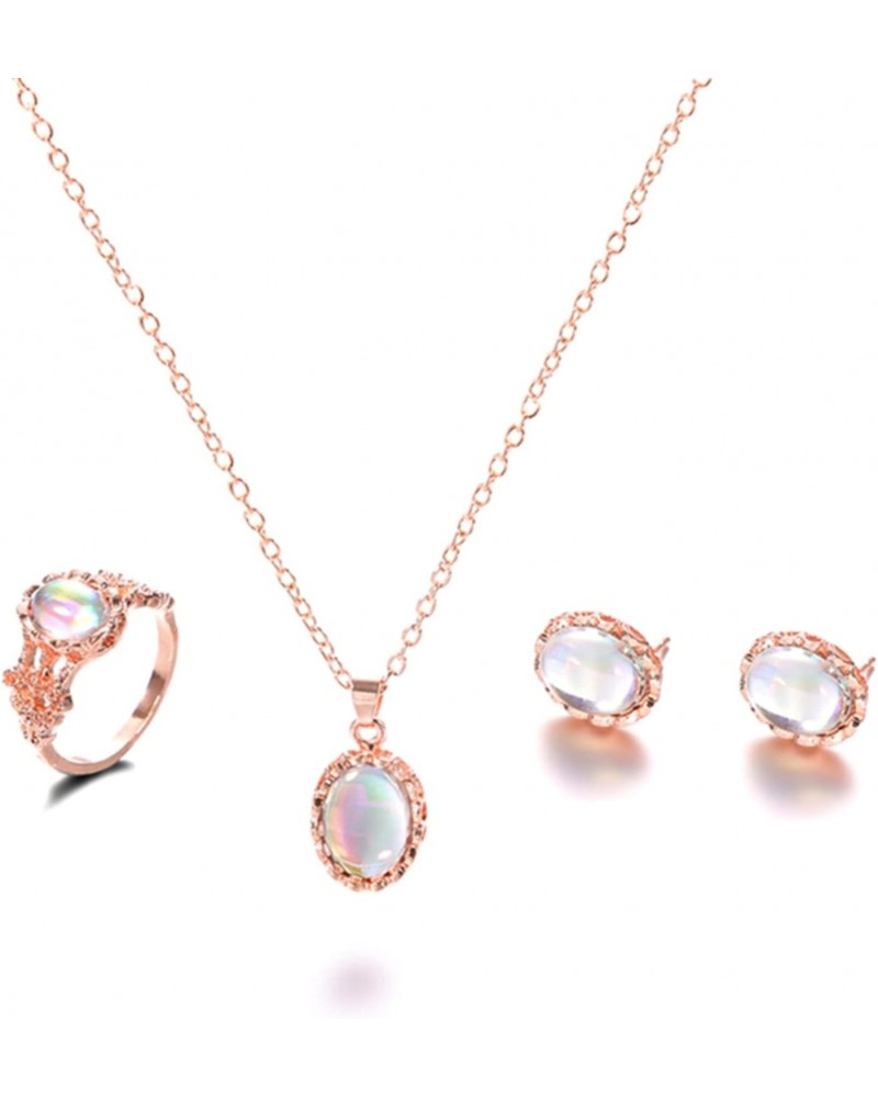 Opal Wedding Necklace Set Rose Gold Gemstone Earrings Rings Wedding Jewelry Set For Women And Girls $4.87 Jewelry Sets