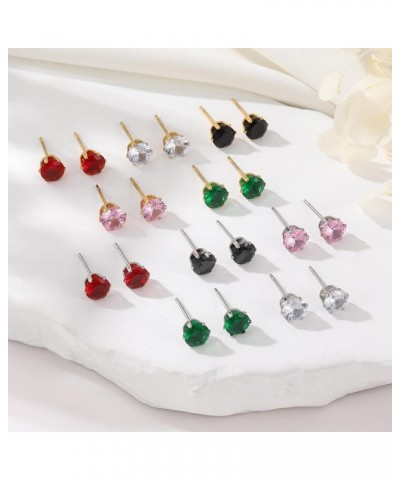 18K Gold Plated Cubic Zirconia Stud Earrings Hypoallergenic Stainless Steel CZ Earrings Multicolor Round Birthstone Stud Earr...