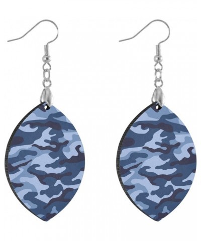 Classical Navy Blue Camo Pattern Earrings for Women Teen Girls Wooden Earrings Silver Hooks Dangle Teardrop Lightweight Woode...