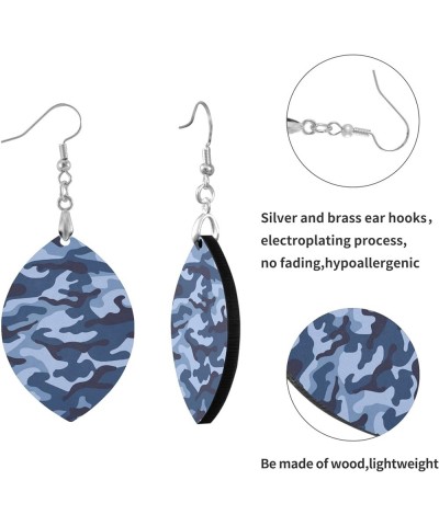 Classical Navy Blue Camo Pattern Earrings for Women Teen Girls Wooden Earrings Silver Hooks Dangle Teardrop Lightweight Woode...