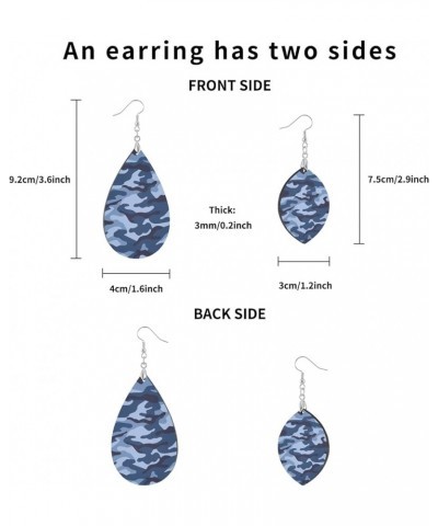 Classical Navy Blue Camo Pattern Earrings for Women Teen Girls Wooden Earrings Silver Hooks Dangle Teardrop Lightweight Woode...