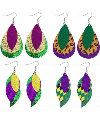 Colorful 3 Layered Glitter Mardi Gras Leather Drop Earrings Leopard Print Plaid Carnival Leaf Shape Dangle Earrings for Women...