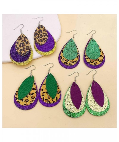 Colorful 3 Layered Glitter Mardi Gras Leather Drop Earrings Leopard Print Plaid Carnival Leaf Shape Dangle Earrings for Women...