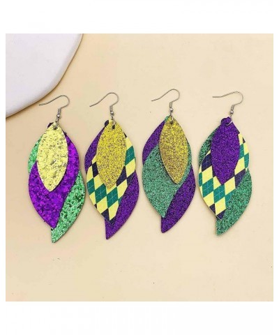 Colorful 3 Layered Glitter Mardi Gras Leather Drop Earrings Leopard Print Plaid Carnival Leaf Shape Dangle Earrings for Women...