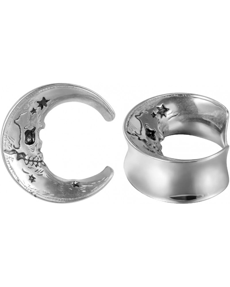 1 Pair Moon Style Ear Tunnels Flesh Plugs Piercing Earrings Stainless Steel Skull Ear Gauges 00g to 1 inch. Silver 9/16"(14mm...