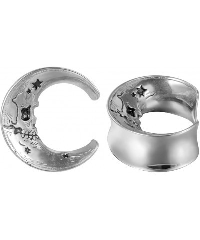 1 Pair Moon Style Ear Tunnels Flesh Plugs Piercing Earrings Stainless Steel Skull Ear Gauges 00g to 1 inch. Silver 9/16"(14mm...