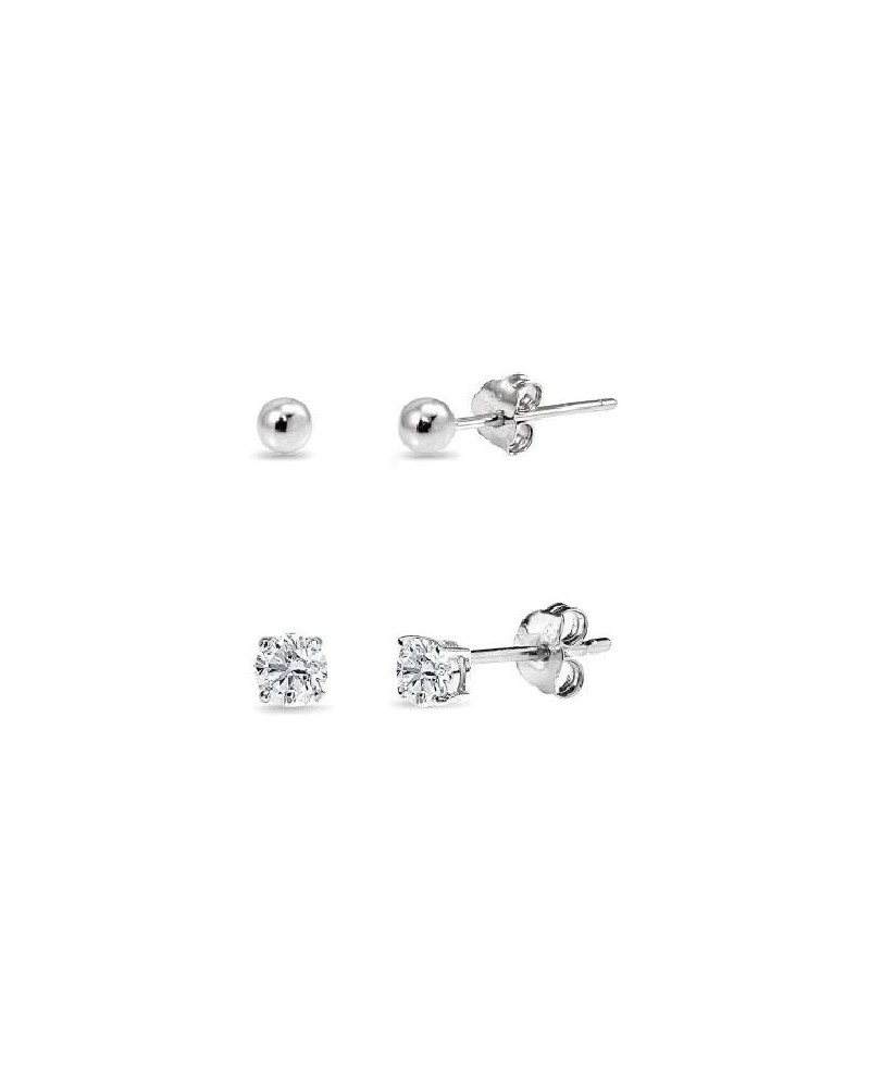 2 Pairs Sterling Silver 3mm Unisex Mini Small Ball Stud and Tiny Round CZ Stud Earrings Set for Men Women Sterling Silver $8....