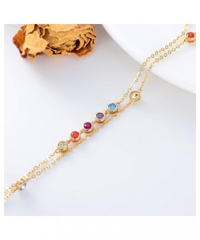 14K Gold Gemstone Chakra Bracelets for Women Colorful Layered Bracelet with Cubic Zirconia Women's Dainty Gold Bracelet, 6.5'...