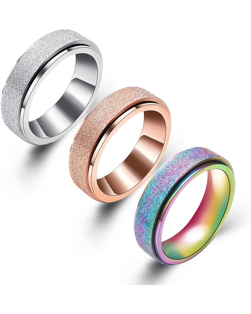 3Pcs Spinner Ring for Women Men Anxiety Relief - 6MM 6-11 Stainless Steel Sand Blast Glitter Finish Rose Gold Silver Rainbow ...