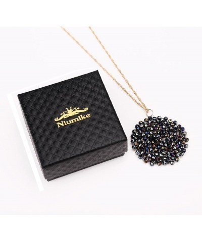 Handmade Crystal Circle Pendant Necklace for Women Disc Long Statement Necklaces with Box Bright Black AB $9.60 Necklaces