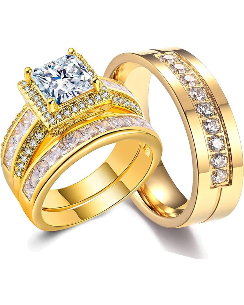 CEJUG 18k Yellow Gold Plated Wedding Ring Sets for Him and Her Women Men Titanium Stainless Steel Bands Couple Rings 3Ct Cz W...