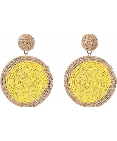 Handmade Rattan Geometric Round Disc Drop Dangle Earrings Bohemian Woven Straw Wicker Braid Raffia Earrings Summer Beach Boho...