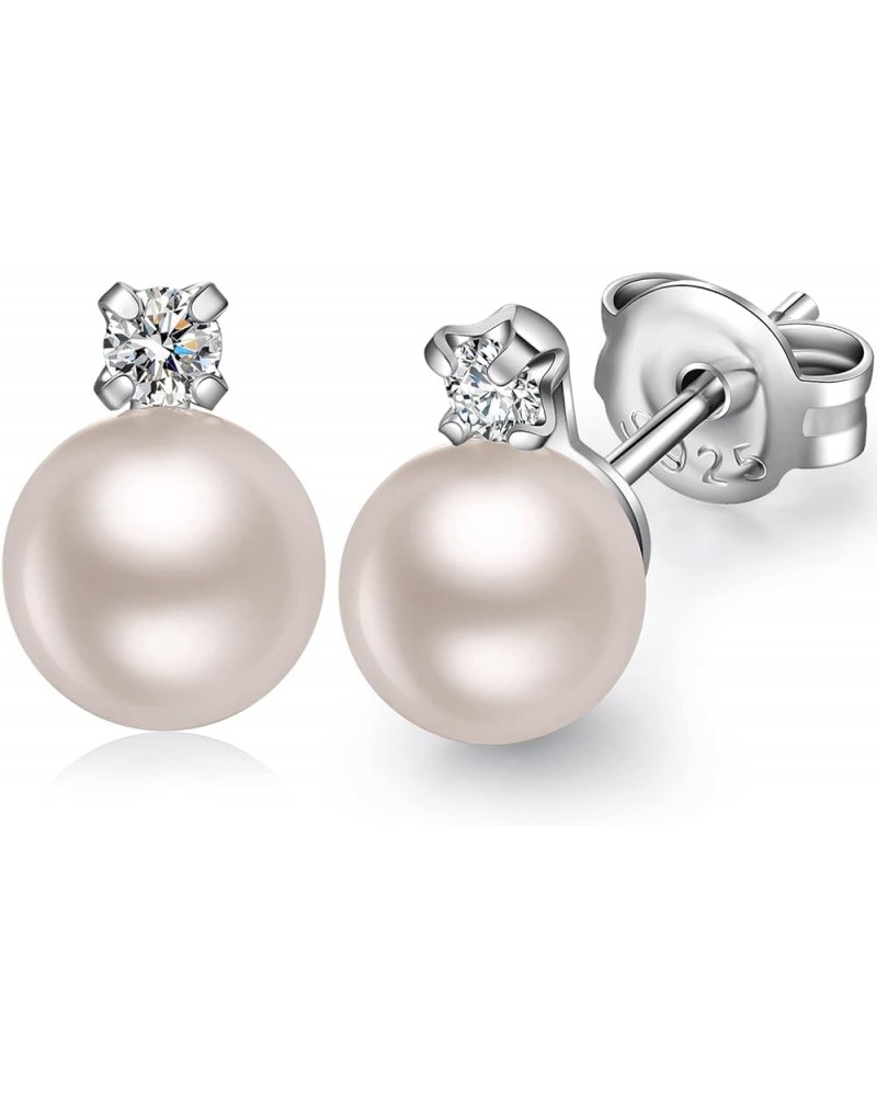 18K White Gold Plated Pearl Stud Earrings for Women 925 Sterling Silver Pearl Diamond Earrings for Girls, Cat Pearl Earrings ...