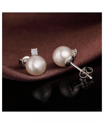 18K White Gold Plated Pearl Stud Earrings for Women 925 Sterling Silver Pearl Diamond Earrings for Girls, Cat Pearl Earrings ...