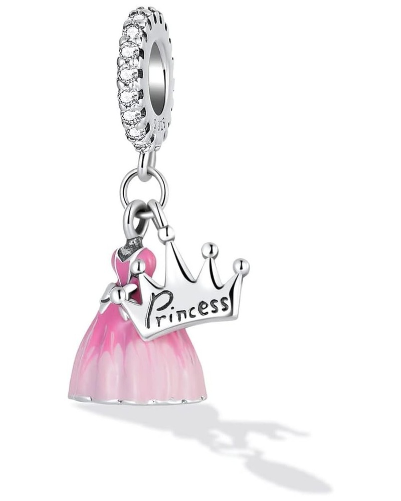 Pink Fairy Tale Princess Charms for Bracelets and Necklace, Dangle 925 Sterling Silver Cubic Zircon Cute Cartoon Princess Dre...