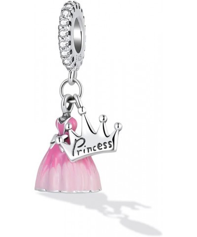 Pink Fairy Tale Princess Charms for Bracelets and Necklace, Dangle 925 Sterling Silver Cubic Zircon Cute Cartoon Princess Dre...