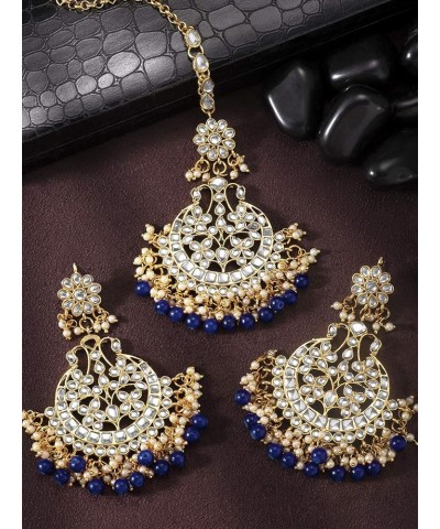 Indian Wedding Kundan Pearl Maang Tikka with Earring Set Bollywood Party Traditional Jewelry for Women Girls Blue $12.80 Jewe...