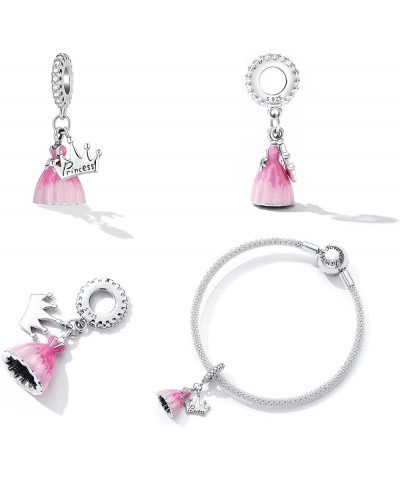 Pink Fairy Tale Princess Charms for Bracelets and Necklace, Dangle 925 Sterling Silver Cubic Zircon Cute Cartoon Princess Dre...