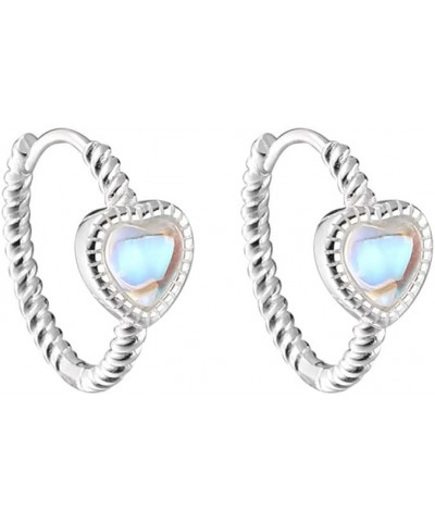 Dainty Moonstone Heart Shaped 925 Sterling Silver Post Twist Small Hoop Cartilage Earrings for Women Teen Girls Hypoallergeni...