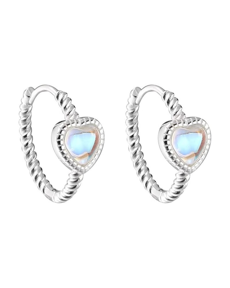 Dainty Moonstone Heart Shaped 925 Sterling Silver Post Twist Small Hoop Cartilage Earrings for Women Teen Girls Hypoallergeni...