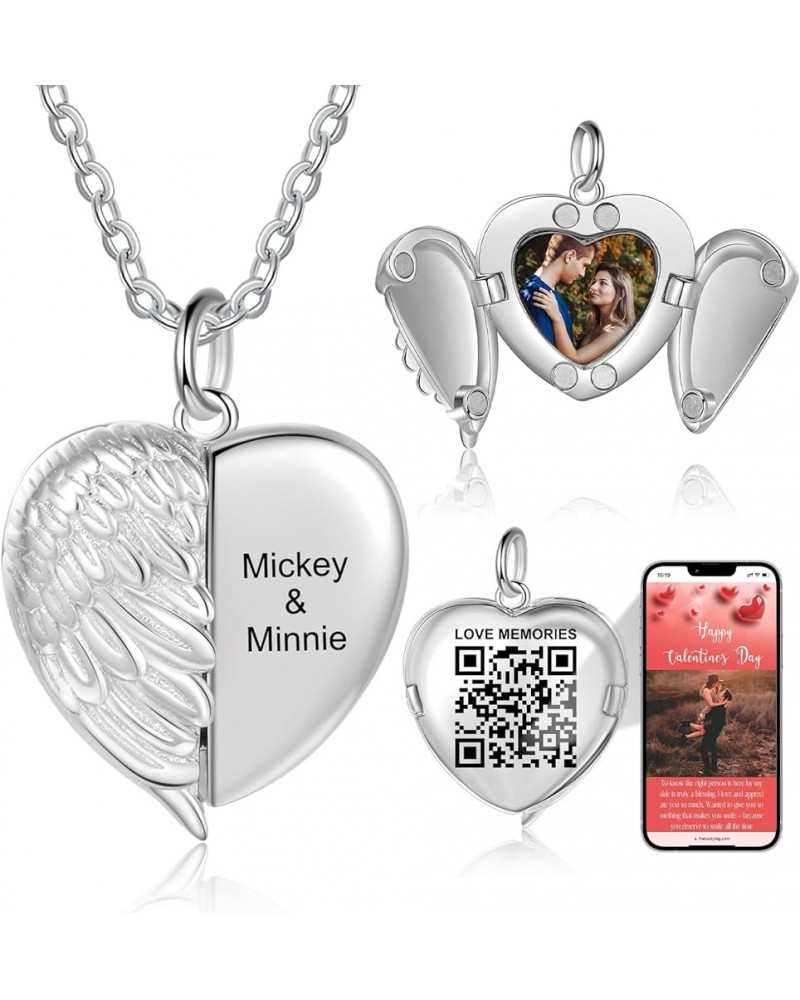 Personalized Locket Necklace for Women Men Heart Silver Pendant That Hold Picture & Engraved QR Code Enable Custom Photo Albu...