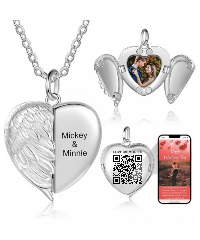 Personalized Locket Necklace for Women Men Heart Silver Pendant That Hold Picture & Engraved QR Code Enable Custom Photo Albu...