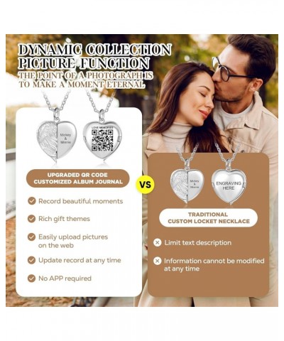 Personalized Locket Necklace for Women Men Heart Silver Pendant That Hold Picture & Engraved QR Code Enable Custom Photo Albu...