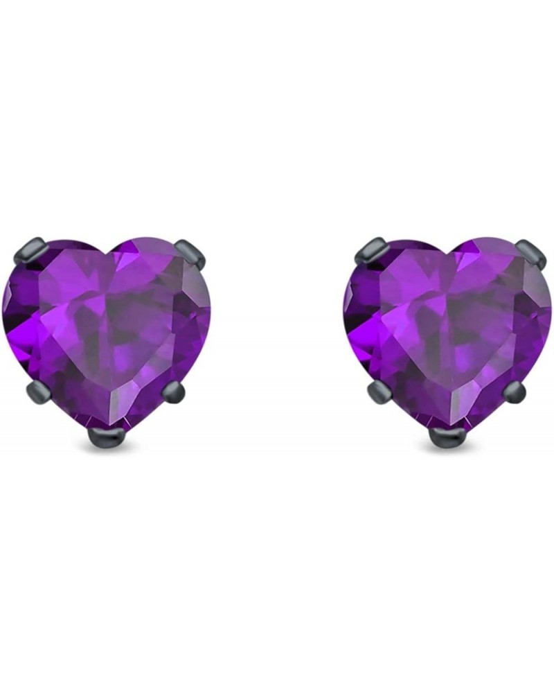 Heart Stud Earrings Simulated Cubic Zirconia 925 Sterling Silver (4mm-8mm) Black Tone, Simulated Amethyst CZ 4.0 Millimeters ...