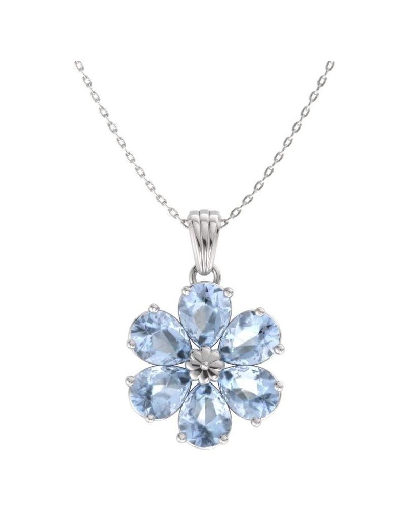 Natural and Certified Pear Cut Gemstone Flower Necklace in 14k Solid Gold | 0.90 Carat Pendant with Chain Aquamarine Sterling...