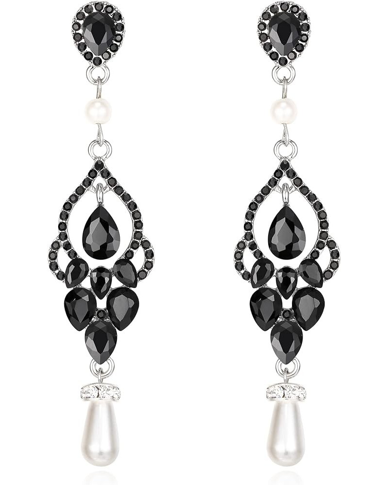 Bridal Austrian Crystal Teardrop Simulated Pearl Vintage Chandelier Earrings for Woman Black Silver-Tone $12.00 Earrings