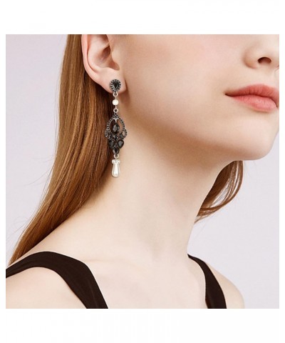 Bridal Austrian Crystal Teardrop Simulated Pearl Vintage Chandelier Earrings for Woman Black Silver-Tone $12.00 Earrings