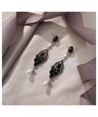 Bridal Austrian Crystal Teardrop Simulated Pearl Vintage Chandelier Earrings for Woman Black Silver-Tone $12.00 Earrings