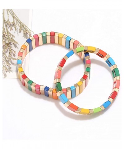 Tile Bracelets Set Rainbow Enamel Tile Bead Stretch Bracelets Colorful Elastic Stackable Strand Bangle Bracelets Handmade Boh...