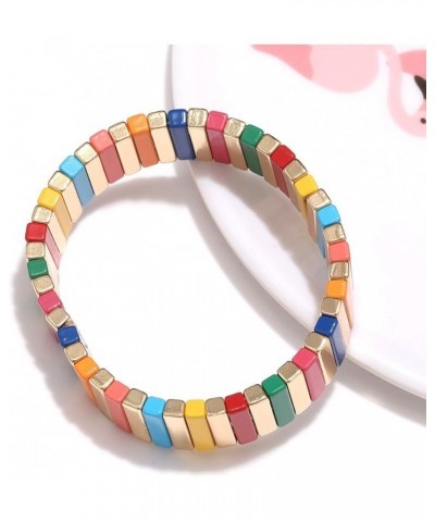 Tile Bracelets Set Rainbow Enamel Tile Bead Stretch Bracelets Colorful Elastic Stackable Strand Bangle Bracelets Handmade Boh...