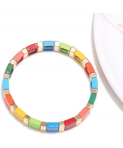 Tile Bracelets Set Rainbow Enamel Tile Bead Stretch Bracelets Colorful Elastic Stackable Strand Bangle Bracelets Handmade Boh...