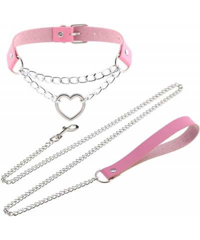 Harajuku Peach Heart Choker Punk Hauling Chain PU Leather Collar Gothic Necklace NightClub Goth Leash Belts Pink $8.65 Necklaces