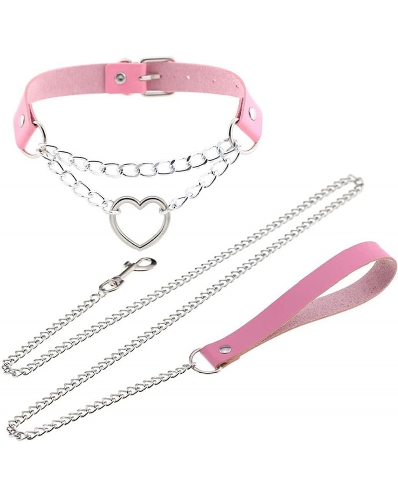 Harajuku Peach Heart Choker Punk Hauling Chain PU Leather Collar Gothic Necklace NightClub Goth Leash Belts Pink $8.65 Necklaces