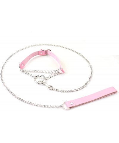 Harajuku Peach Heart Choker Punk Hauling Chain PU Leather Collar Gothic Necklace NightClub Goth Leash Belts Pink $8.65 Necklaces