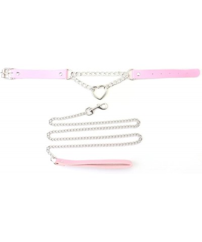 Harajuku Peach Heart Choker Punk Hauling Chain PU Leather Collar Gothic Necklace NightClub Goth Leash Belts Pink $8.65 Necklaces