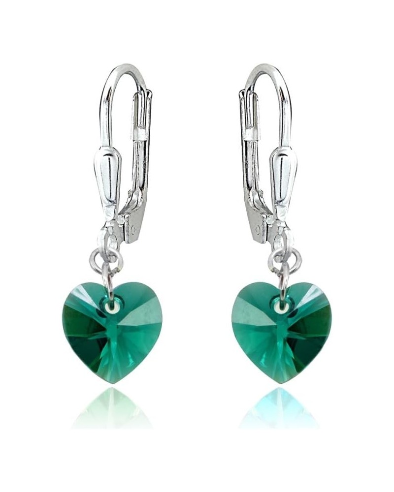 Sterling Silver European Crystal Dainty Heart Leverback Dangle Earrings for Women Girls May - Green $13.20 Earrings