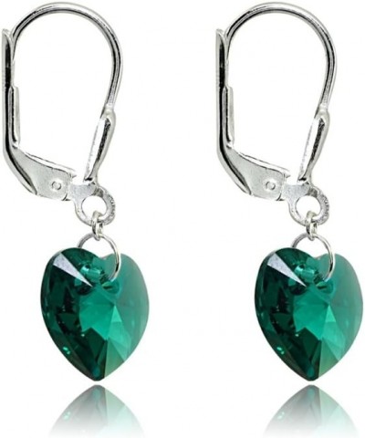 Sterling Silver European Crystal Dainty Heart Leverback Dangle Earrings for Women Girls May - Green $13.20 Earrings