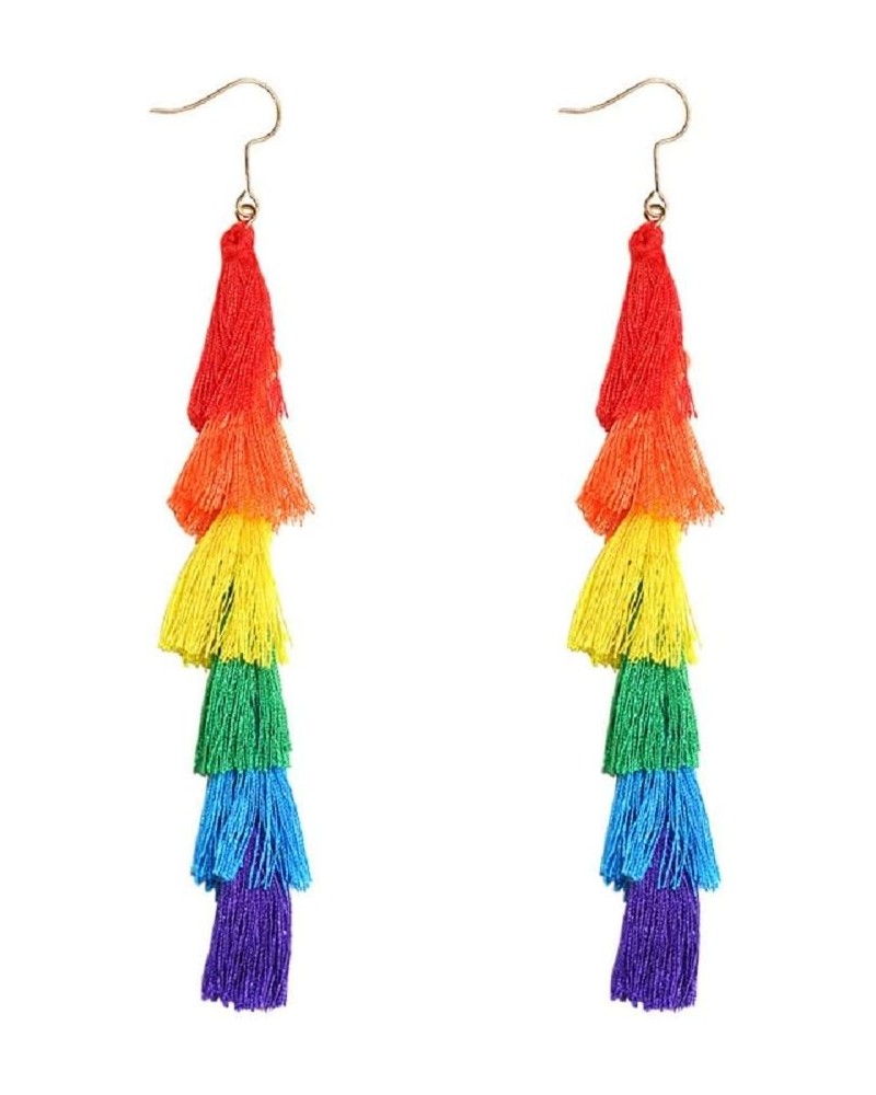 Long Rainbow Layered Tassel Drop Dangle Earrings Gay Pride Ribbon Wooden Ethnic Hook for Women Girls Lesbian Bohemian Handmad...