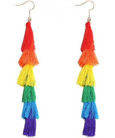 Long Rainbow Layered Tassel Drop Dangle Earrings Gay Pride Ribbon Wooden Ethnic Hook for Women Girls Lesbian Bohemian Handmad...